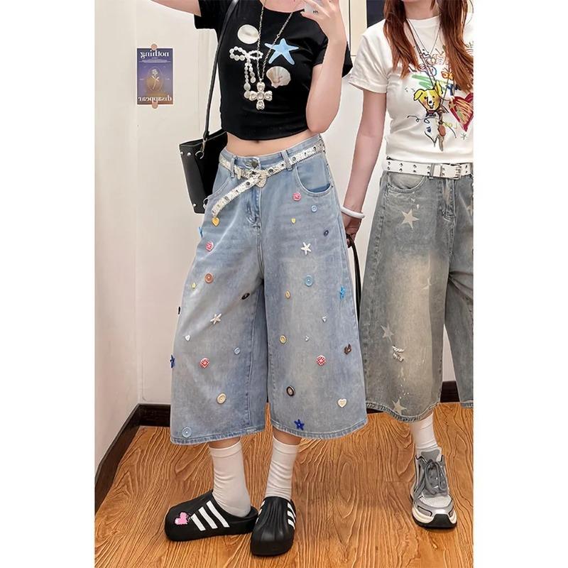 Women s High Waist Wide Leg Denim Culottes with Colorful Buttons and Star Embroidery Y2K Style Loose Cropped Jeans S синій
Women s High Waist Wide Leg Denim Culottes with Colorful Buttons and Star Embroidery Y2K Style Loose Cropped Jeans S синій