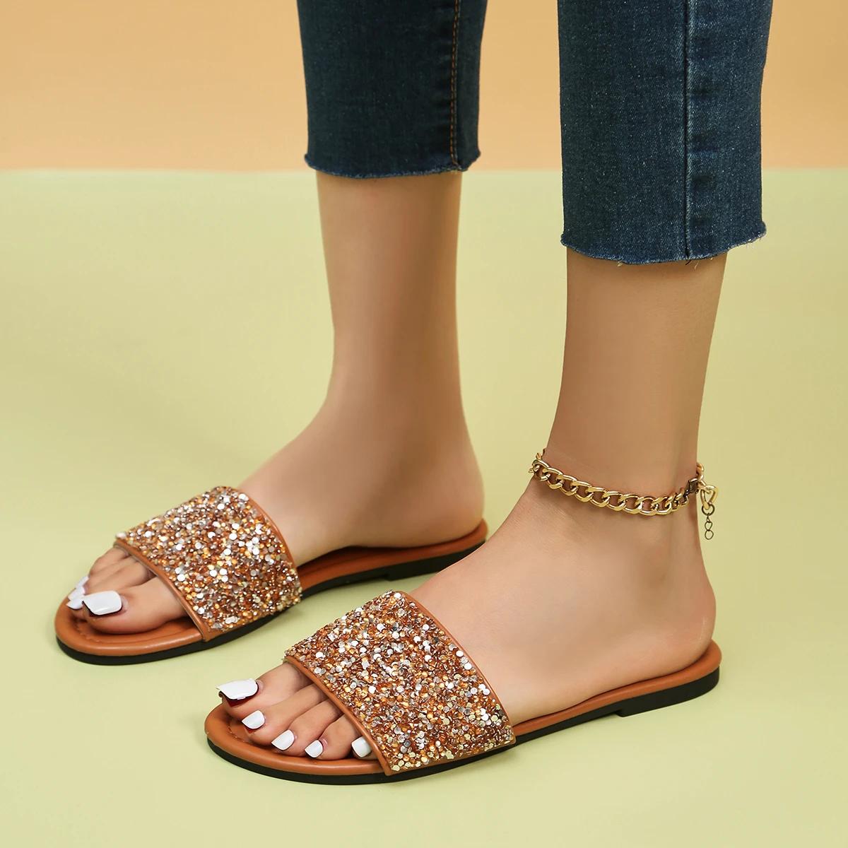 35-43 Большие тапочки 2024 Женские Новые Круглые Головки Роскошные Водные Алмазные Женские Туфли Нескользящие ПУ Пляжные Платье Тапочки 38 коричневый