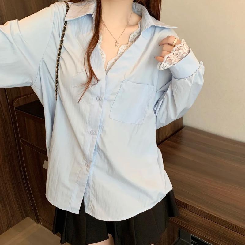 Women Light Blue Lace Trim Lapel Button Down Long Sleeve Oversized Shirt L синій
Women Light Blue Lace Trim Lapel Button Down Long Sleeve Oversized Shirt L синій