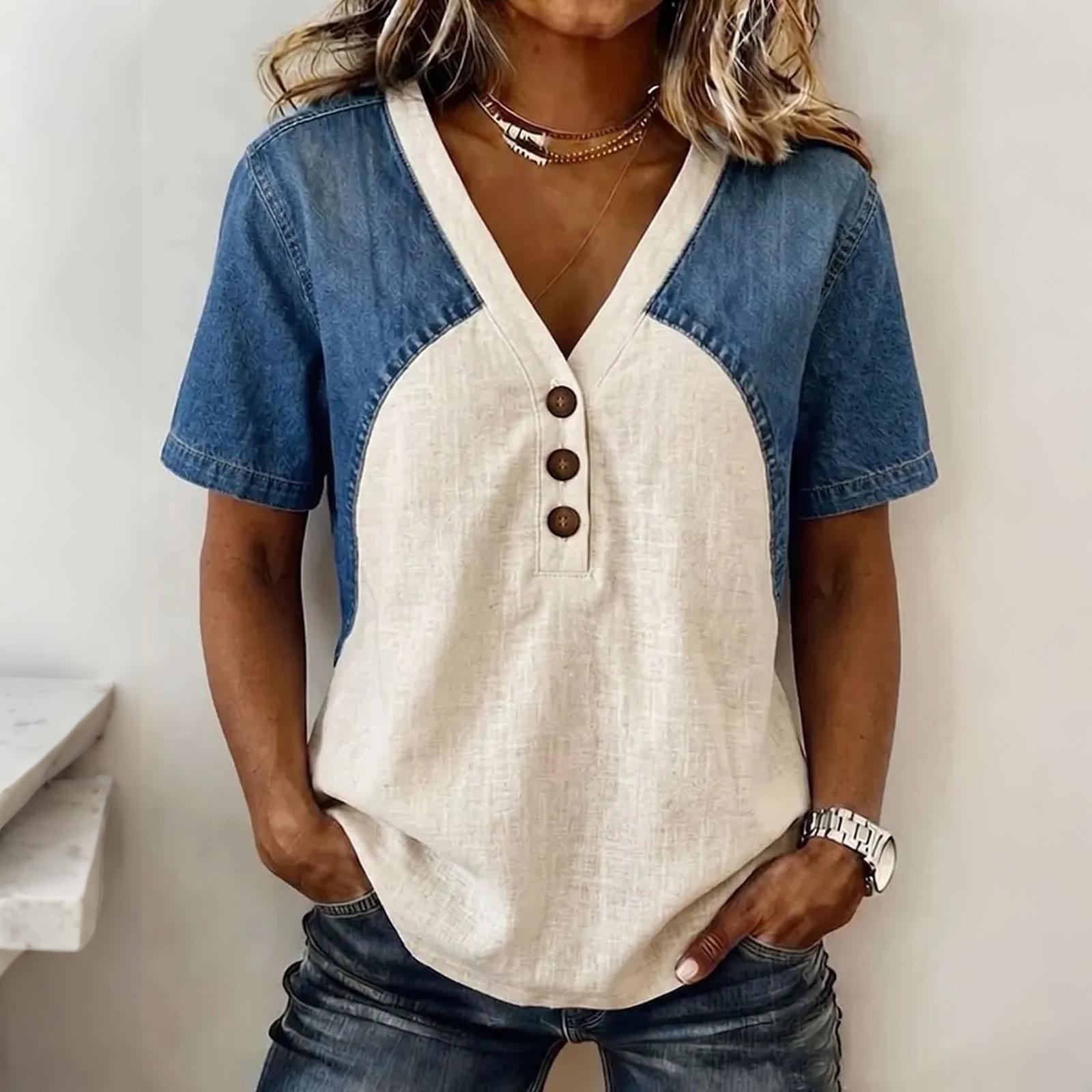 Womens V Neck Short Sleeve Top Denim Patchwork Loose Fit Casual T Shirt Button Detail Summer Blouse L білий
Womens V Neck Short Sleeve Top Denim Patchwork Loose Fit Casual T Shirt Button Detail Summer Blouse L білий