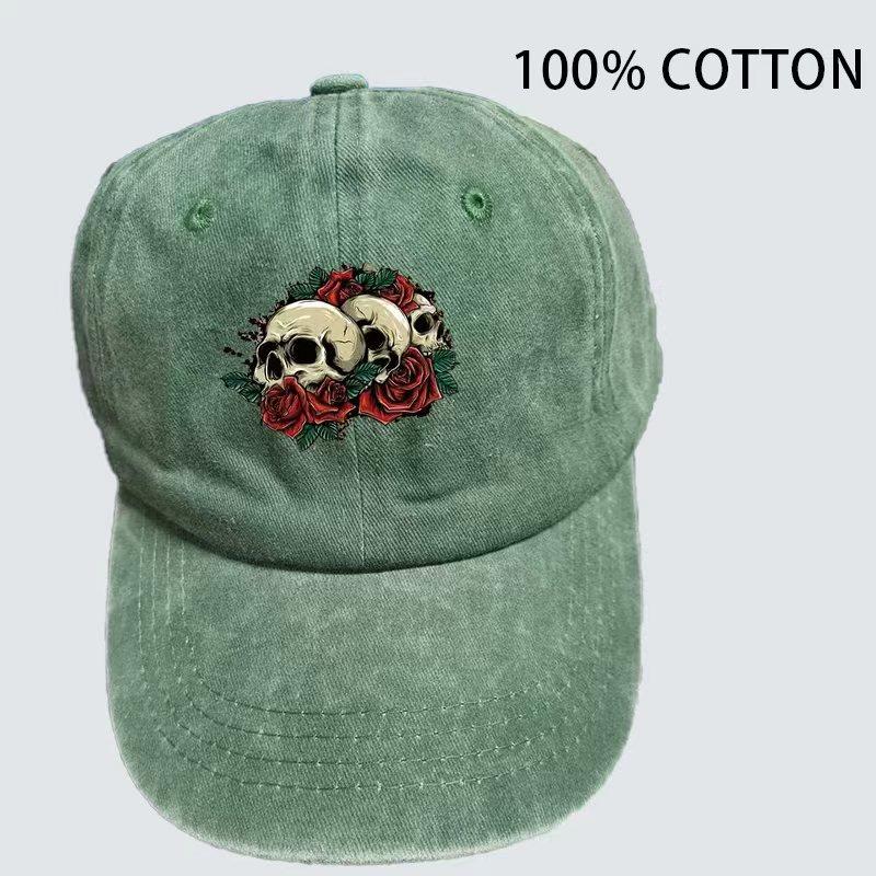 A trendy water-washed baseball cap with a hip-hop style skull and rose pattern embossed on it. Available for both Unisex and Women. Adjustable
A trendy water-washed baseball cap with a hip-hop style skull and rose pattern embossed on it. Available for both Unisex and Women. Adjustable