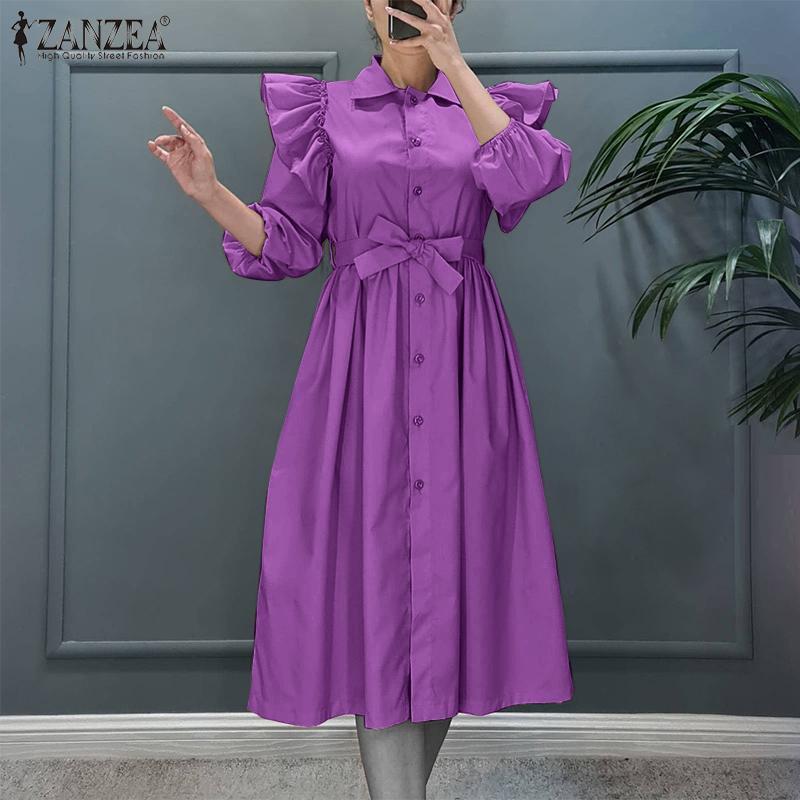 ZANZEA Весна Женщины Сплошной Цвет Сращивание Оборки Длинное Платье