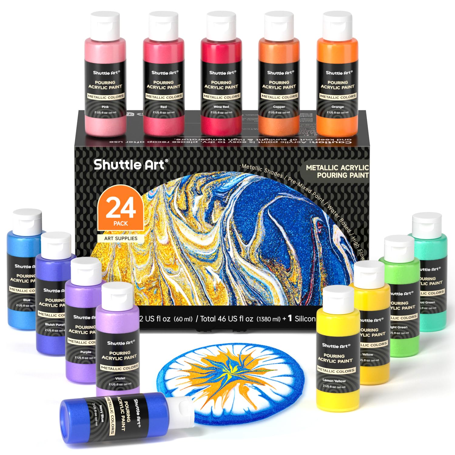 Shuttle Art Acrylic Paints, Pouring Art Paint Set, 23 Colors, Metallic Colors, Glitter, 60ml, with Silicone Oil, Fluid Art, Pouring Art Supplies Set,
Shuttle Art Acrylic Paints, Pouring Art Paint Set, 23 Colors, Metallic Colors, Glitter, 60ml, with Silicone Oil, Fluid Art, Pouring Art Supplies Set,