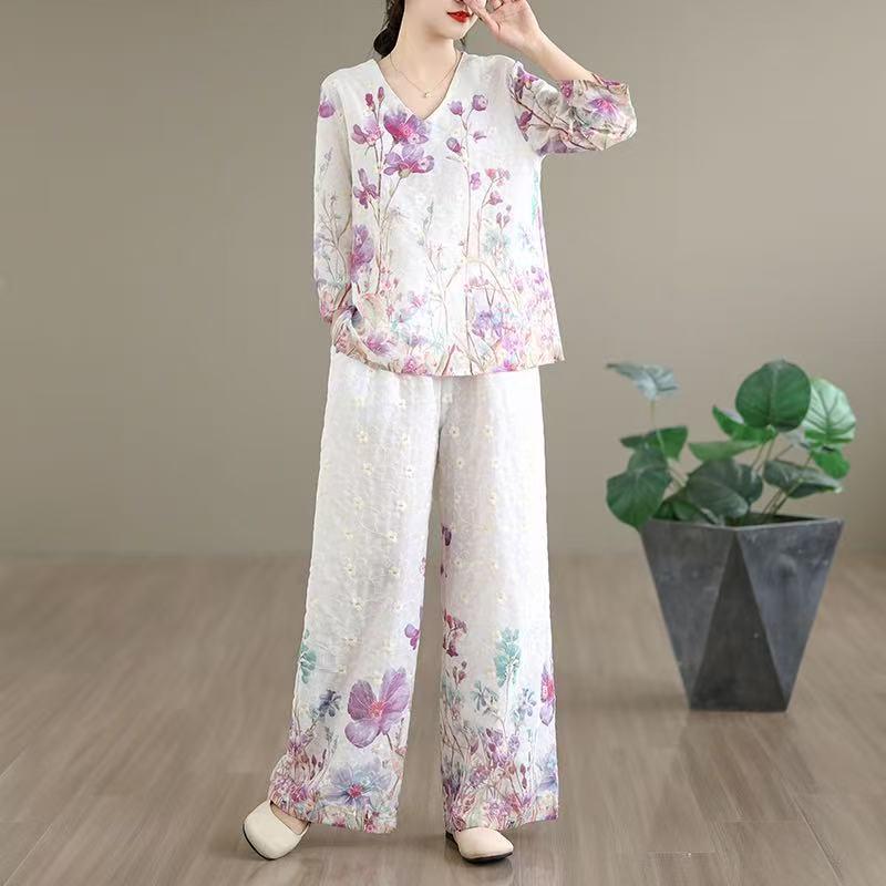 Ethnic Print & Embroidered Two-Piece Set: Retro V-Neck Seven-Sleeve Shirt & Wide-Leg Pants for Women L
Ethnic Print & Embroidered Two-Piece Set: Retro V-Neck Seven-Sleeve Shirt & Wide-Leg Pants for Women L
