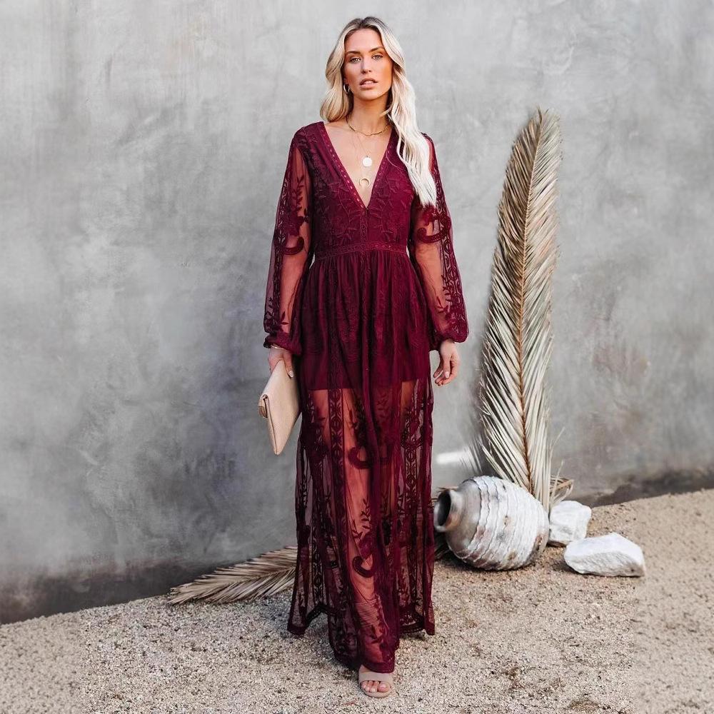 Women s Sexy V Neck Lace Embroidery Maxi Dress, Long Sleeve Sheer High Slit Boho Beach Vacation Evening Party Gown XXL кларет
Women s Sexy V Neck Lace Embroidery Maxi Dress, Long Sleeve Sheer High Slit Boho Beach Vacation Evening Party Gown XXL кларет