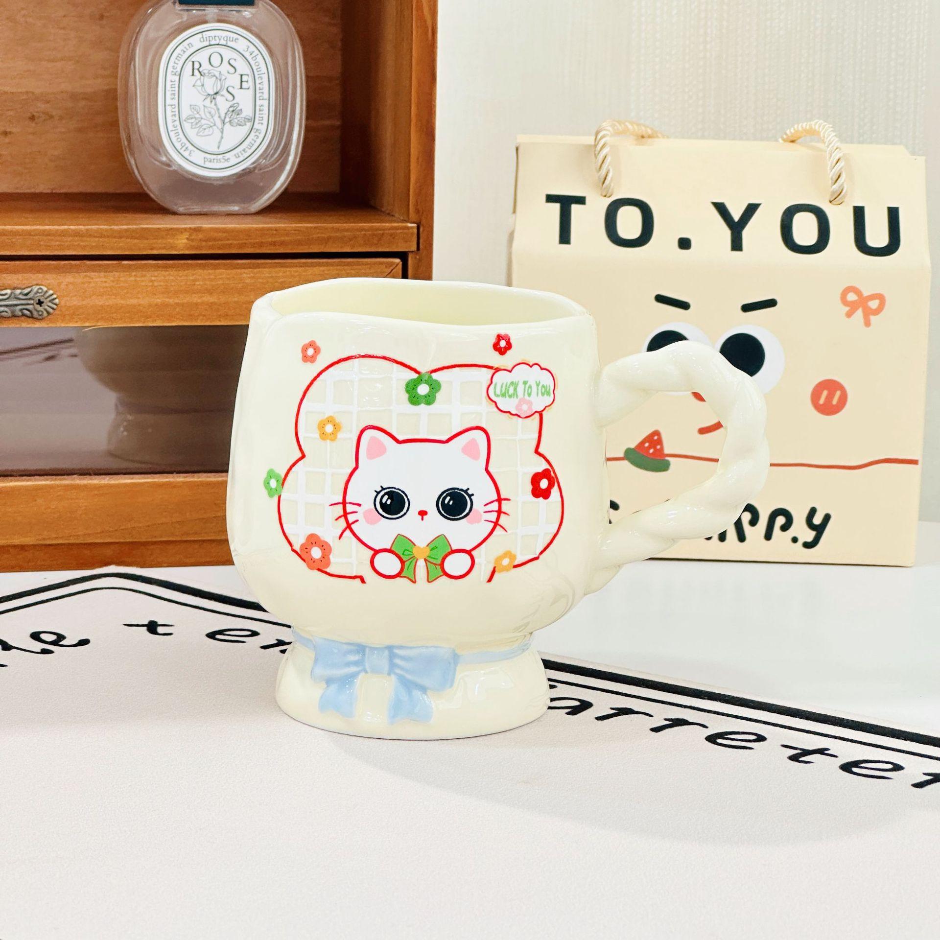 Милая мультяшная керамическая кружка Котенок Высоконогая чашка для воды Высокая кружка Студенческая чашка Сувенирный подарок 480ML