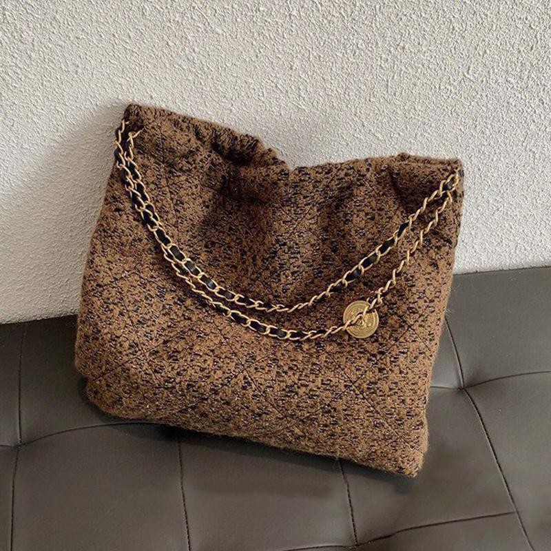 Вместительная коричневая твидовая сумка-тоут с цепочкой-ремнем, минималистичный стиль, для поездок на работу и повседневного использования, прочная ручка, наплечная сумка 35x9x34cm коричневый
