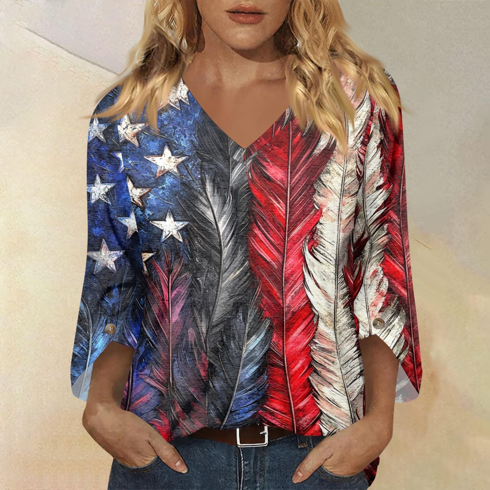 Womens Casual V Neck Three Quarter Sleeve T Shirt Top with Independence Day Inspired Print Loose Fit Lightweight Blouse for Daily Wear S
Womens Casual V Neck Three Quarter Sleeve T Shirt Top with Independence Day Inspired Print Loose Fit Lightweight Blouse for Daily Wear S