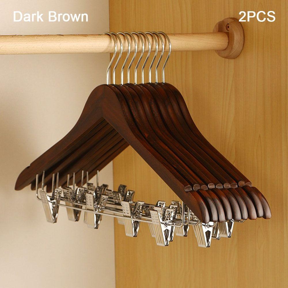 2 шт. модная вешалка для одежды из цельного дерева, недеформируемая, роскошный крючок для хранения в шкафу с зажимом, бытовая высококачественная вешалка для одежды темно-коричневого