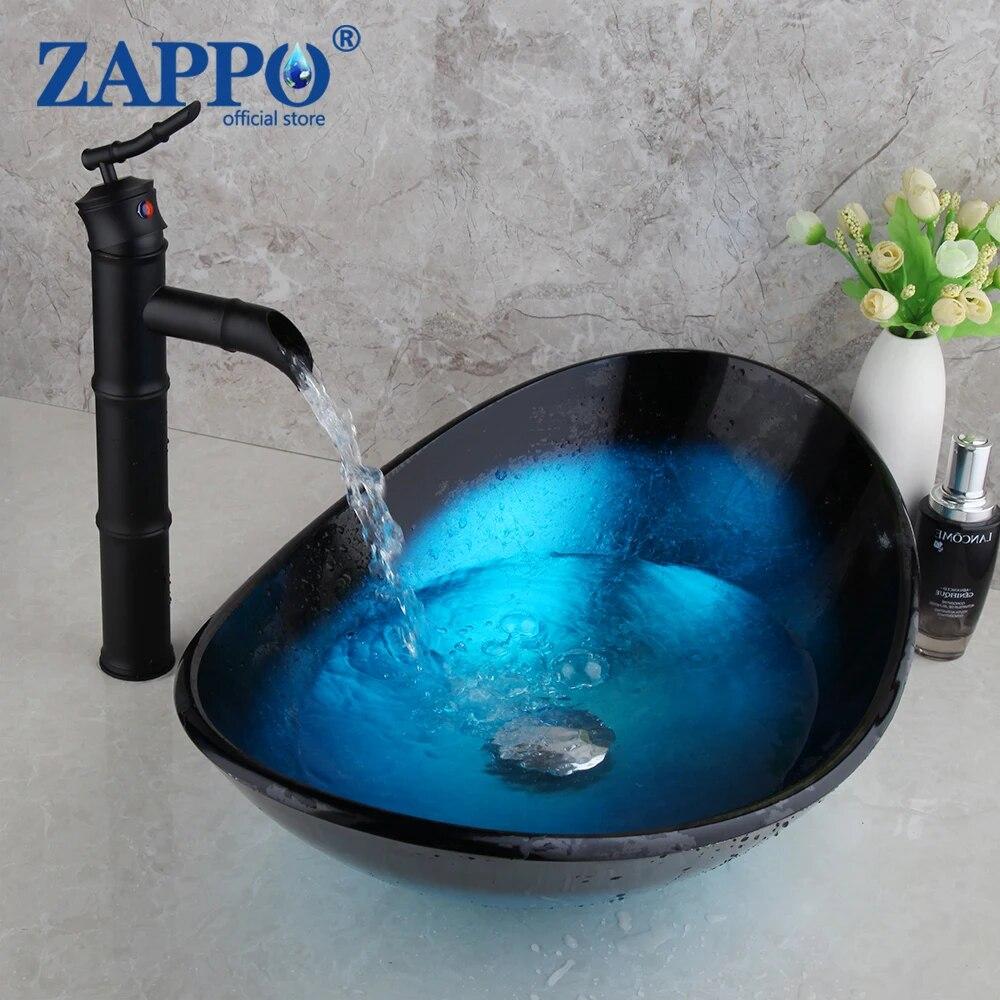 ZAPPO из закаленного стекла, синяя стеклянная раковина для ванной комнаты, чаша для раковины с черным краном, монтируемая на палубу, овальный смеситель для раковины, комбинированный смеситель