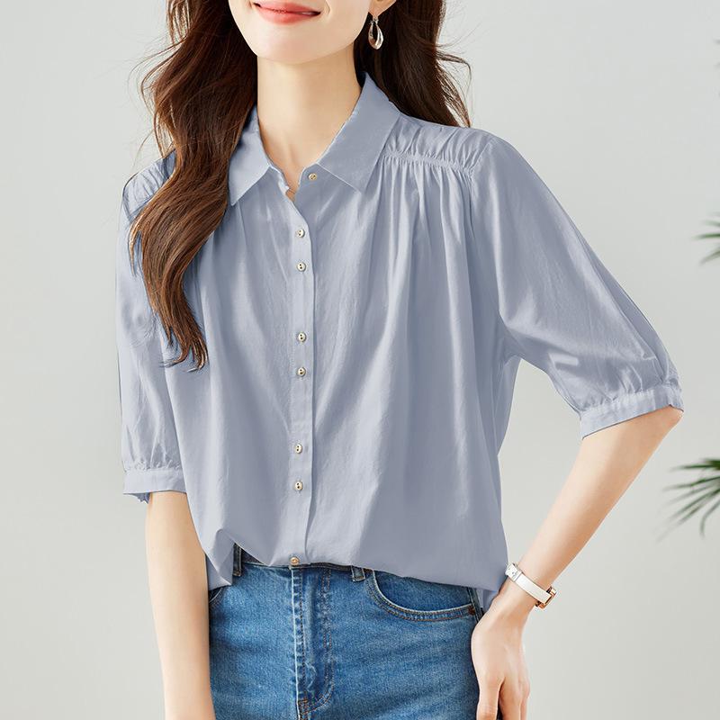 Lapel Single-breasted Temperament Lady Shirt Summer New Shoulder Pleated Design Niche Top M
Lapel Single-breasted Temperament Lady Shirt Summer New Shoulder Pleated Design Niche Top M
