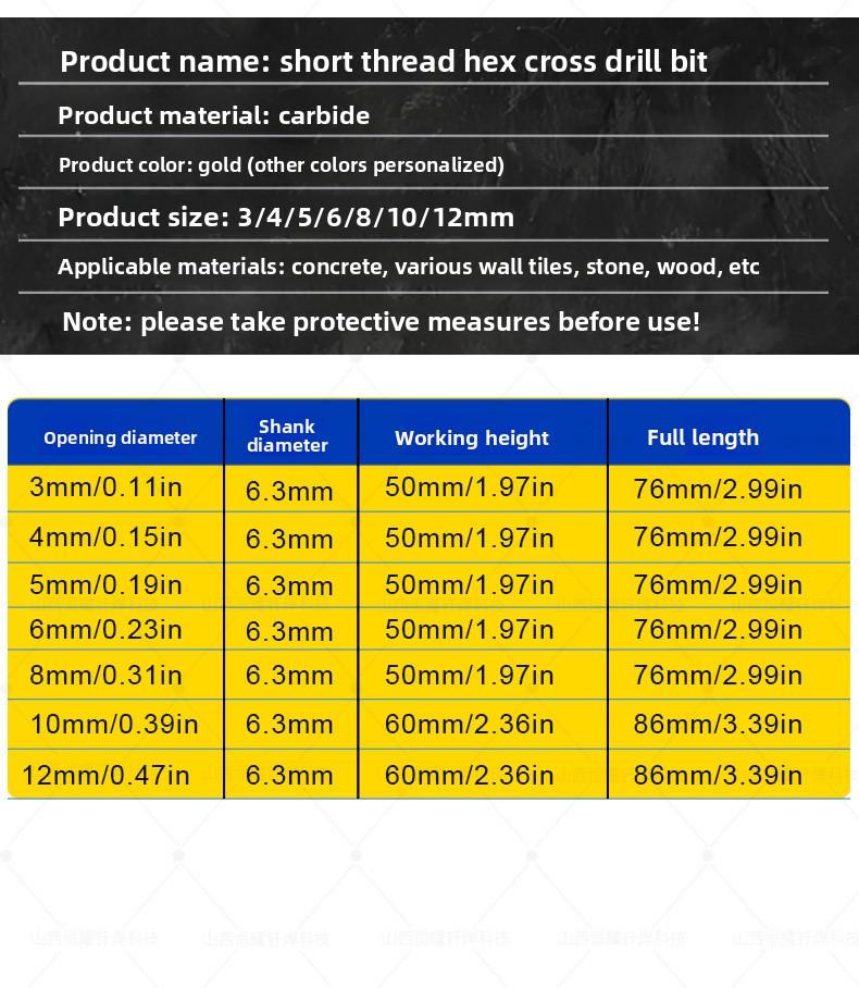 Hex Shank Short Thread Cross Twist Drill Bit for Tile Marble Brick Wall Carbide Tip
Hex Shank Short Thread Cross Twist Drill Bit for Tile Marble Brick Wall Carbide Tip
