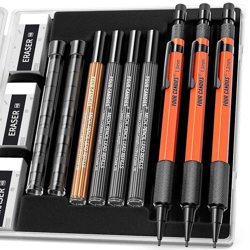 Four Candies 1.3mm mechanical pencil set of 3 With case metal sturdy carpenter pencil 48 shear cores (red, black, yellow) 3 erasers, 12 eraser
Four Candies 1.3mm mechanical pencil set of 3 With case metal sturdy carpenter pencil 48 shear cores (red, black, yellow) 3 erasers, 12 eraser
