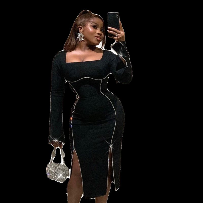 Knitting Long Sleeves Sexy Slit Hot Drilling Thin and Glittering Dress Fall New Arrival Sexy Slim Fit Long Dress Black L
Knitting Long Sleeves Sexy Slit Hot Drilling Thin and Glittering Dress Fall New Arrival Sexy Slim Fit Long Dress Black L