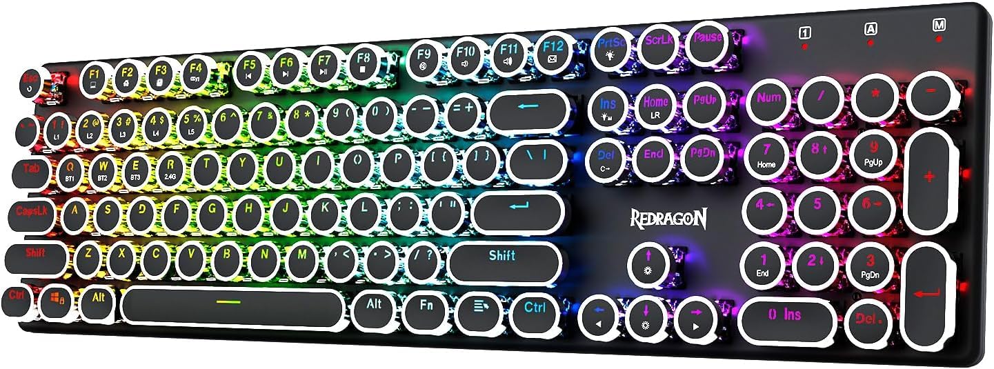 Redragon K710 Wireless Gaming Blue Switches Mechanical Round RGB 104 English Retro Style Keyboard, (2.4GHz/BT/USB-C Wired), Typewriter-Style Keys, чорний
Redragon K710 Wireless Gaming Blue Switches Mechanical Round RGB 104 English Retro Style Keyboard, (2.4GHz/BT/USB-C Wired), Typewriter-Style Keys, чорний