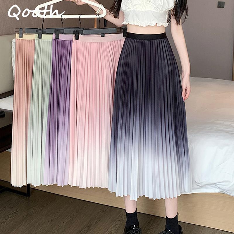 Qooth женская миди градиентного цвета плиссированная юбка элегантная трапециевидная юбка-зонтик с высокой талией на лето и весну QT2083