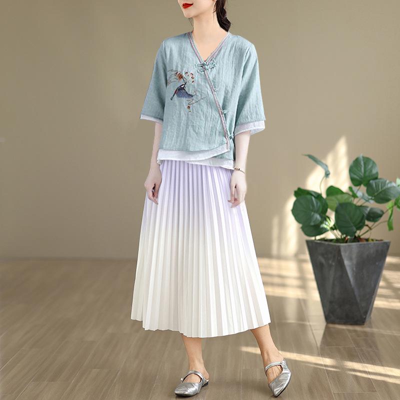 2025 Summer Retro Chinese Embroidered Frog Button Tang Suit Midi Skirt Two-Piece Set M
2025 Summer Retro Chinese Embroidered Frog Button Tang Suit Midi Skirt Two-Piece Set M