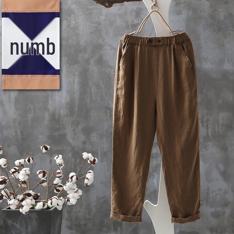 Женские летние хлопково-льняные брюки-морковки 2024 года - Легкие, Свободные, Универсальные, Большого размера, Стройнящие гаремы длиной девять точек 2XL хаки