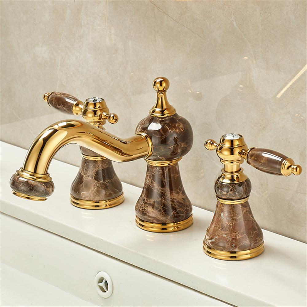 Смеситель для ванной из латуни и мрамора, золотой смеситель для раковины, широко распространенный смеситель из розового золота, роскошный смеситель для раковины, смеситель для горячей и холодной воды для душа, смеситель для раковины