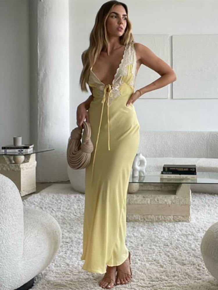 2023 Women Elegant Long Dress Floral Print Lace Patchwork V-Neck Sleeveless Dress Summer Front Tie-Up Backless Party Dress M жовтий
2023 Women Elegant Long Dress Floral Print Lace Patchwork V-Neck Sleeveless Dress Summer Front Tie-Up Backless Party Dress M жовтий