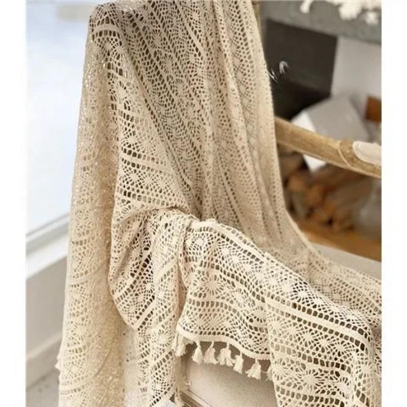 Вязаная кружевная скатерть с цветочным узором, бежевая, ажурная, с кисточками, круглая, вязаная полосатая, домашнее украшение, пылезащитный чехол 50x50cm 1pcs