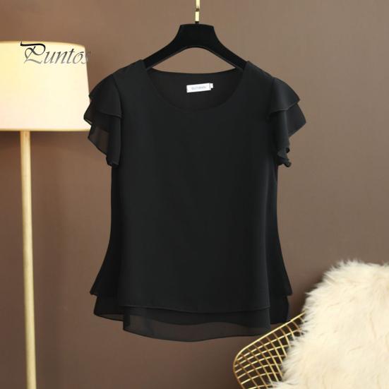 Женская летняя футболка с круглым вырезом, летающая футболка с короткими рукавами и рюшами по подолу, однотонная Свободная посадка, повседневная шифоновая блузка, уличная одежда XL чёрный
