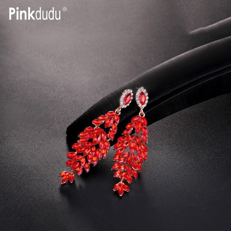 Pinkdudu модные длинные серьги-капли с блестящими зелеными стразами и листьями, романтические роскошные красные серьги с кисточками для женщин, ювелирные изделия PD1569