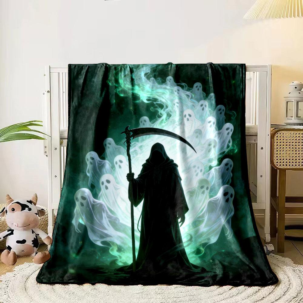 A cloaked figure with a scythe surrounded by glowing ghostly shapes. for all seasons blanket lunch break throw gift 80cm x 120cm
A cloaked figure with a scythe surrounded by glowing ghostly shapes. for all seasons blanket lunch break throw gift 80cm x 120cm