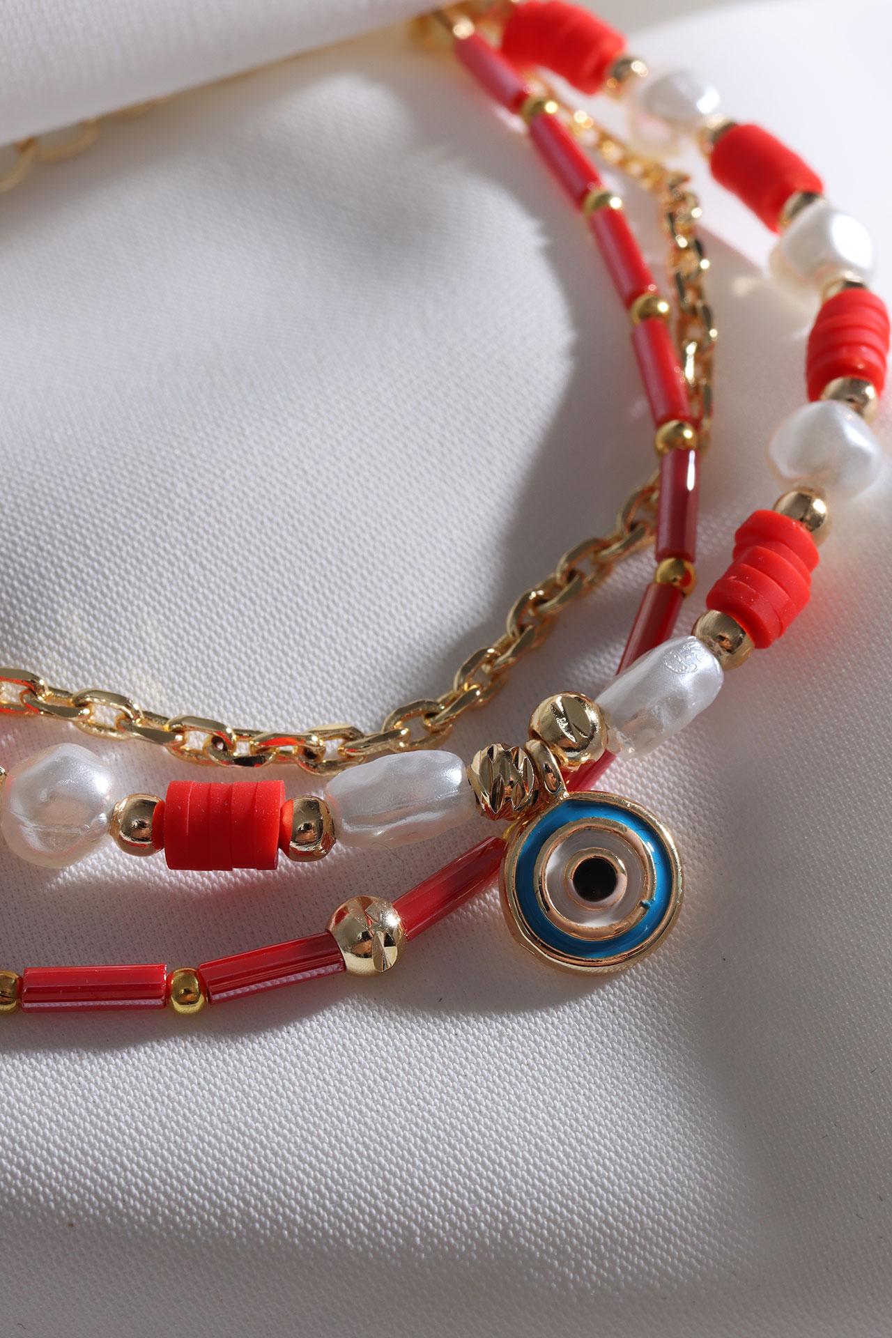 Красный браслет Fimo из трех частей с жемчугом и бусинами Сглаз
Красный браслет Fimo из трех частей с жемчугом и бусинами Сглаз