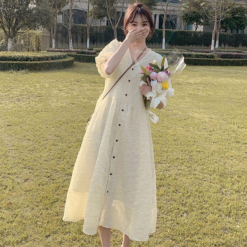 Платье большого размера в Корейском стиле, длинное платье с v-образным вырезом, летнее пляжное свободное платье для мамы, женское шикарное длинное платье для беременных