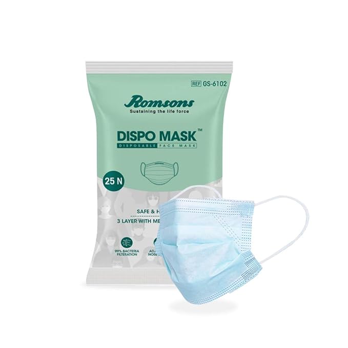 Romsons Plastic Disposable 3 Ply Mask With Elastic Ear Loops (Blue, Pack of 50, Without Valve) for Unisex.
Romsons Plastic Disposable 3 Ply Mask With Elastic Ear Loops (Blue, Pack of 50, Without Valve) for Unisex.