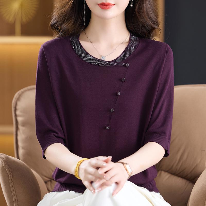 Round Neck Mid-Sleeve Knitted Top with Rhinestones - Stylish Spring/Summer Loose T-Shirt for Middle-Aged and Elderly Women L (Recommended 80-100 jin)
Round Neck Mid-Sleeve Knitted Top with Rhinestones - Stylish Spring/Summer Loose T-Shirt for Middle-Aged and Elderly Women L (Recommended 80-100 jin)