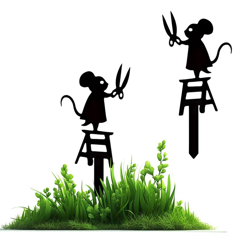1 шт., садовый знак для газона, скульптура, орнамент, силуэт мыши с ножницами, металлический садовый колышек
