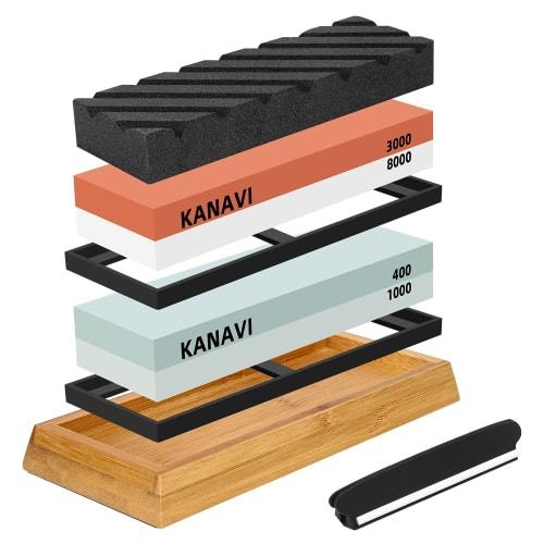 Точильный камень для ножей Набор точилок для ножей премиум-качества (400/1000, 3000/8000) Двусторонние точильные камни - Нескользящая бамбуковая подставка, Точильный камень а