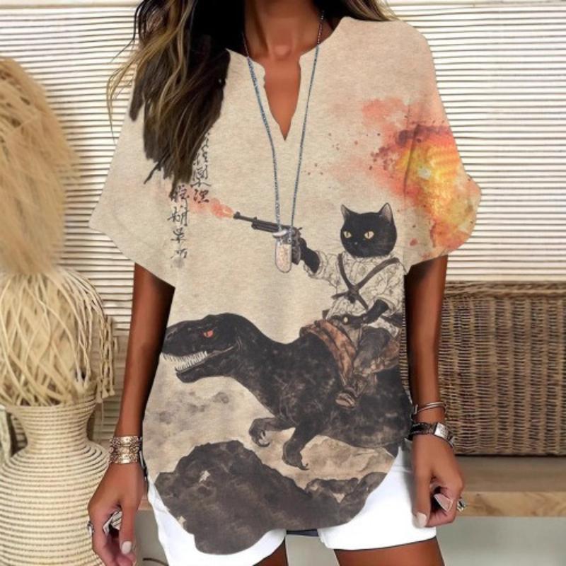 Beige V-Neck Short Sleeve Top with Cat and Dinosaur Graphic Print 5XL
Beige V-Neck Short Sleeve Top with Cat and Dinosaur Graphic Print 5XL