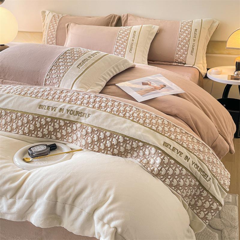 Thickened Milk Fiber Embroidered Four-Piece Set Winter Coral Fleece Double-Sided Velvet Quilt Cover Bed Sheet Fitted Sheet
Thickened Milk Fiber Embroidered Four-Piece Set Winter Coral Fleece Double-Sided Velvet Quilt Cover Bed Sheet Fitted Sheet