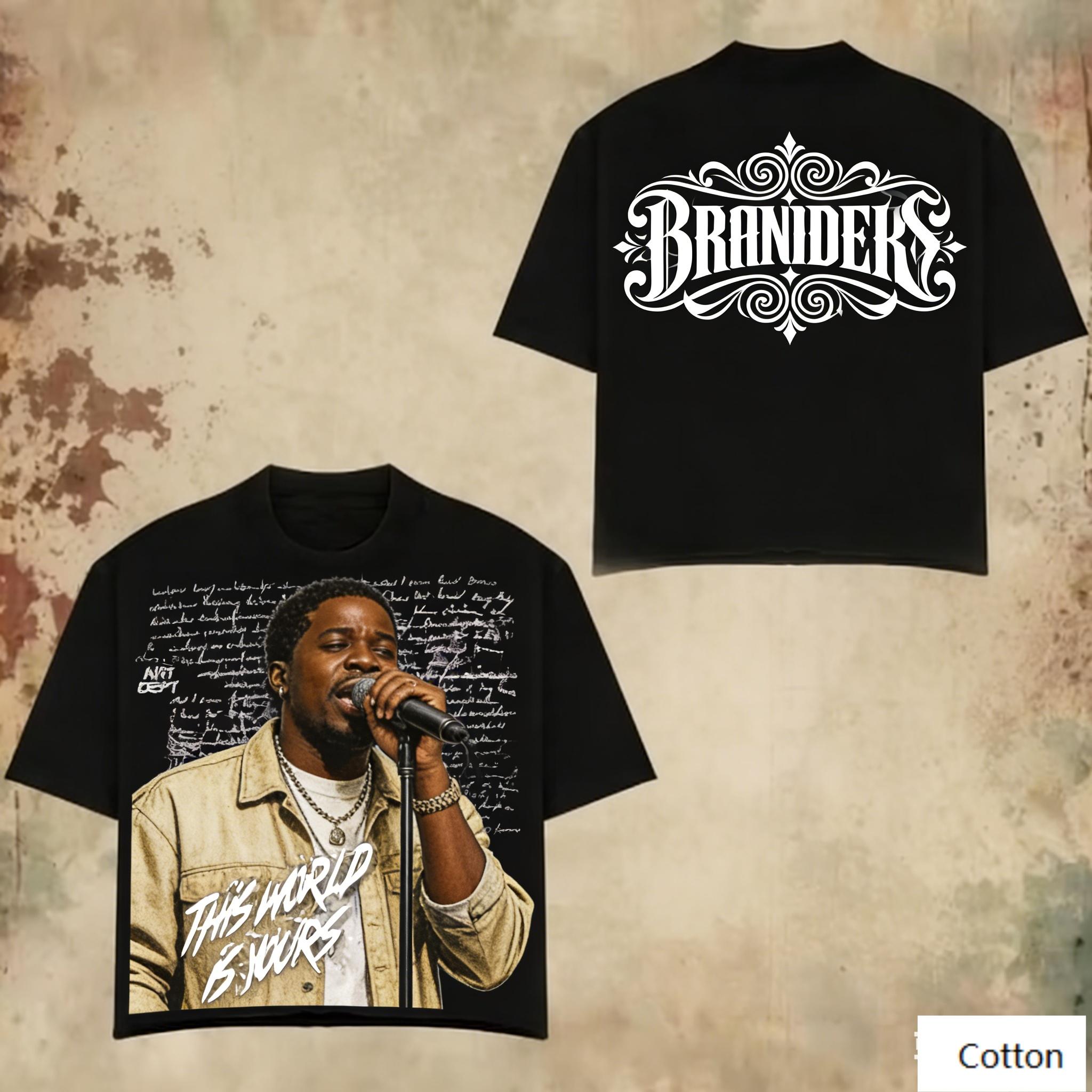 Oversized Black Cotton TShirt with Bold Rapper Portrait Graphic and Ornate BRANIDEKS Text Unisex Streetwear Tee 4XL
Oversized Black Cotton TShirt with Bold Rapper Portrait Graphic and Ornate BRANIDEKS Text Unisex Streetwear Tee 4XL