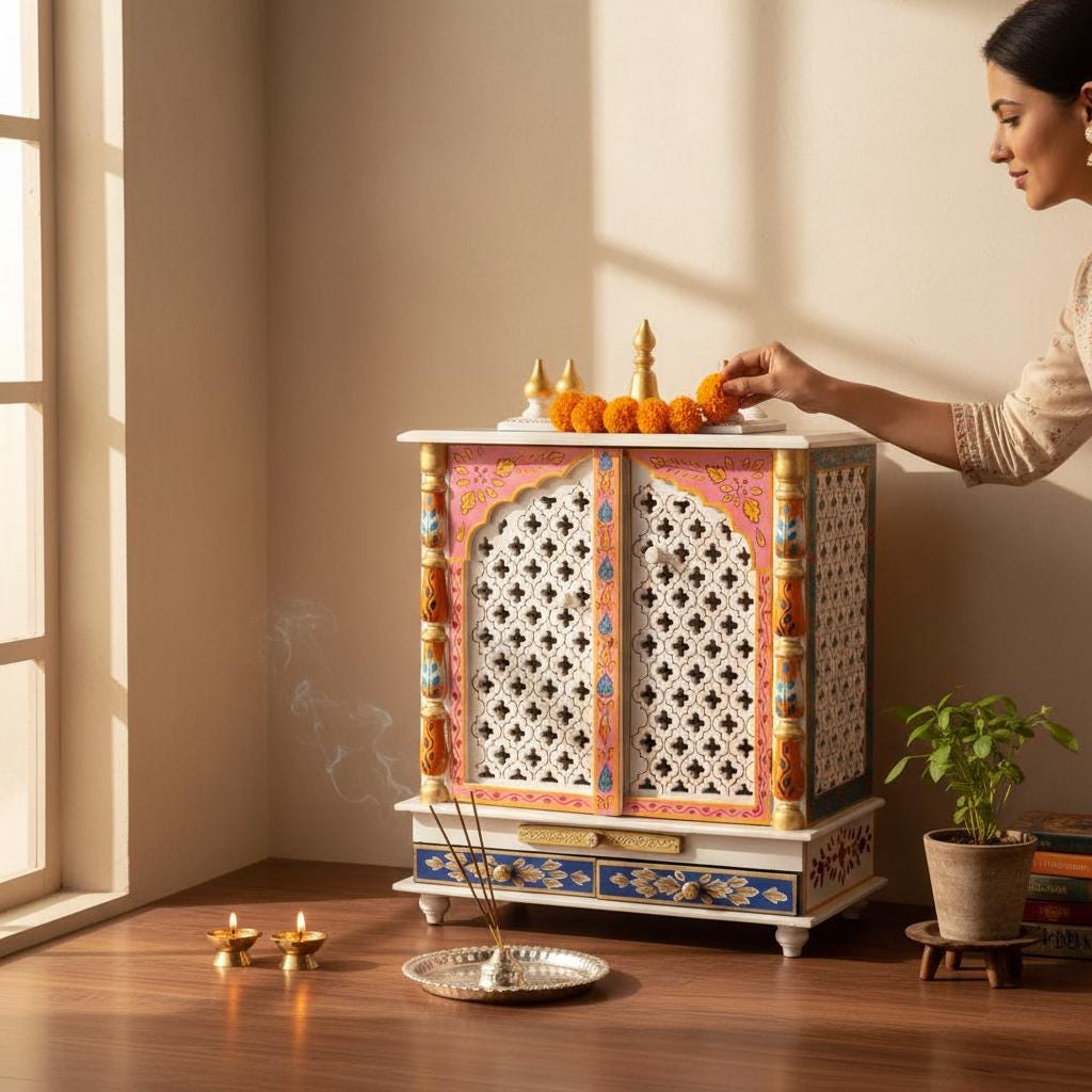 Wooden Painted Pooja Mandir Temple-Pooja Stand Room Religious Home Decor-Decorative-Temple with Intricate Patterns-Wall Temple with Lattice
Wooden Painted Pooja Mandir Temple-Pooja Stand Room Religious Home Decor-Decorative-Temple with Intricate Patterns-Wall Temple with Lattice