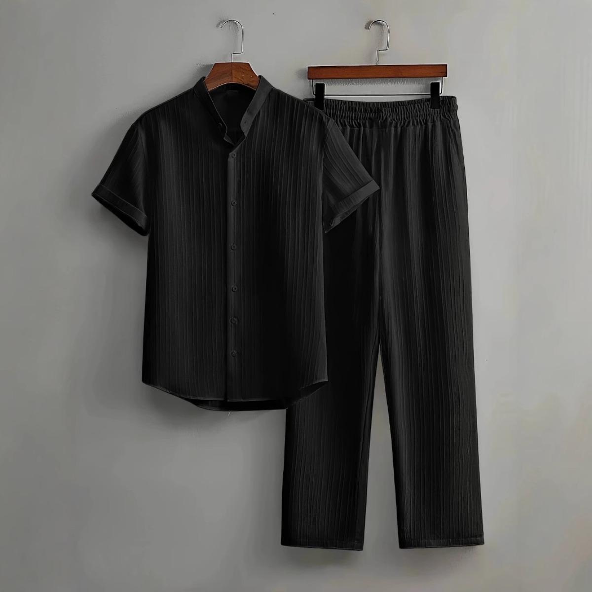 Men s Button Textured Casual Striped Short Sleeved Shirt and Elastic Straight Leg Pants Set, 2-piece Set S
Men s Button Textured Casual Striped Short Sleeved Shirt and Elastic Straight Leg Pants Set, 2-piece Set S