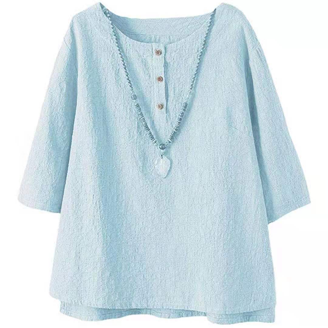 European and American fashion women s round neck medium sleeve solid color button cotton and linen T-shirt loose trendy brand XXL світло-синій колір
European and American fashion women s round neck medium sleeve solid color button cotton and linen T-shirt loose trendy brand XXL світло-синій колір