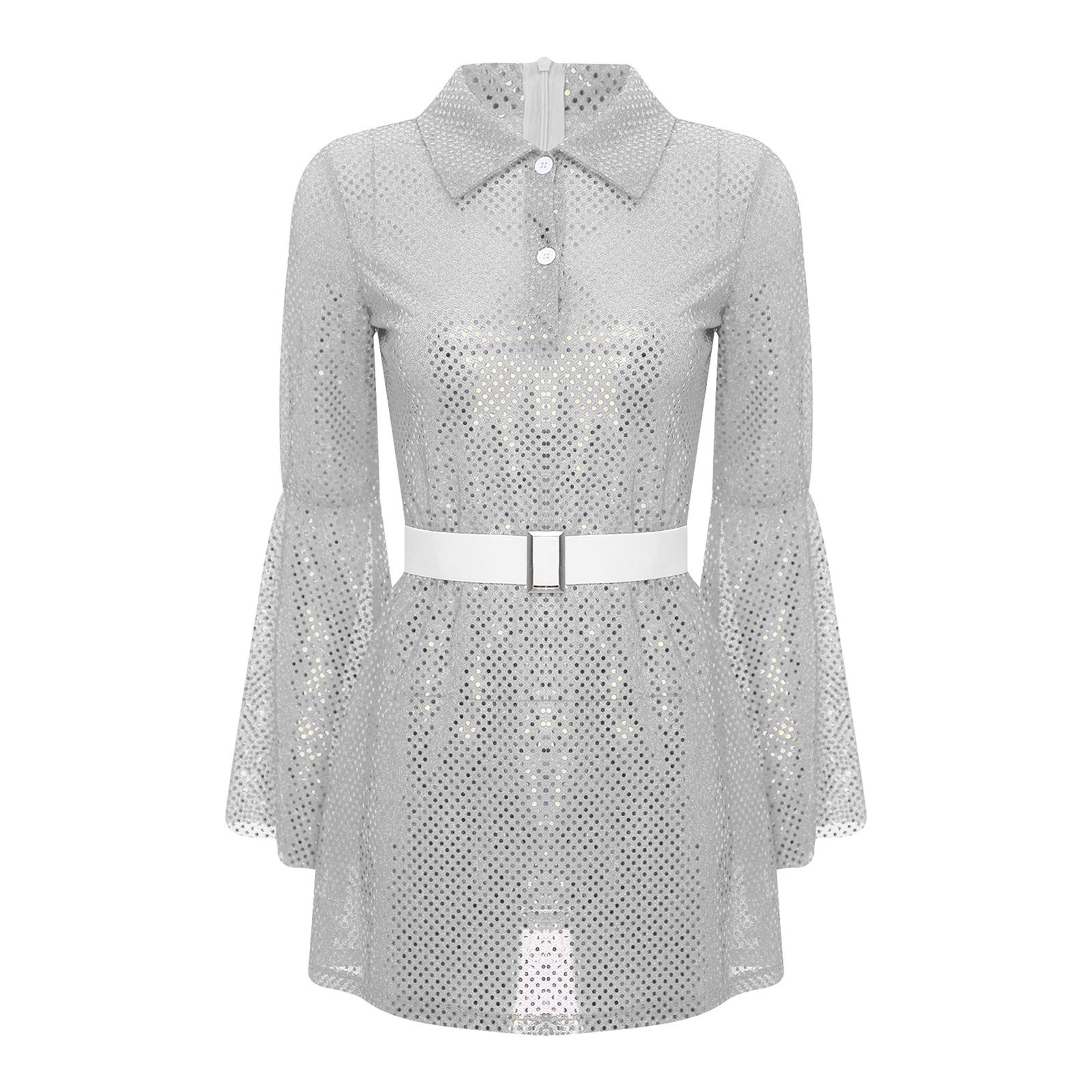 Womens Sequined Shirt Dress Elastic Waist Belt Turn Down Collar Flared Sleeve Sheer Mini Dress Disco Club Party Gown XL срібний
Womens Sequined Shirt Dress Elastic Waist Belt Turn Down Collar Flared Sleeve Sheer Mini Dress Disco Club Party Gown XL срібний