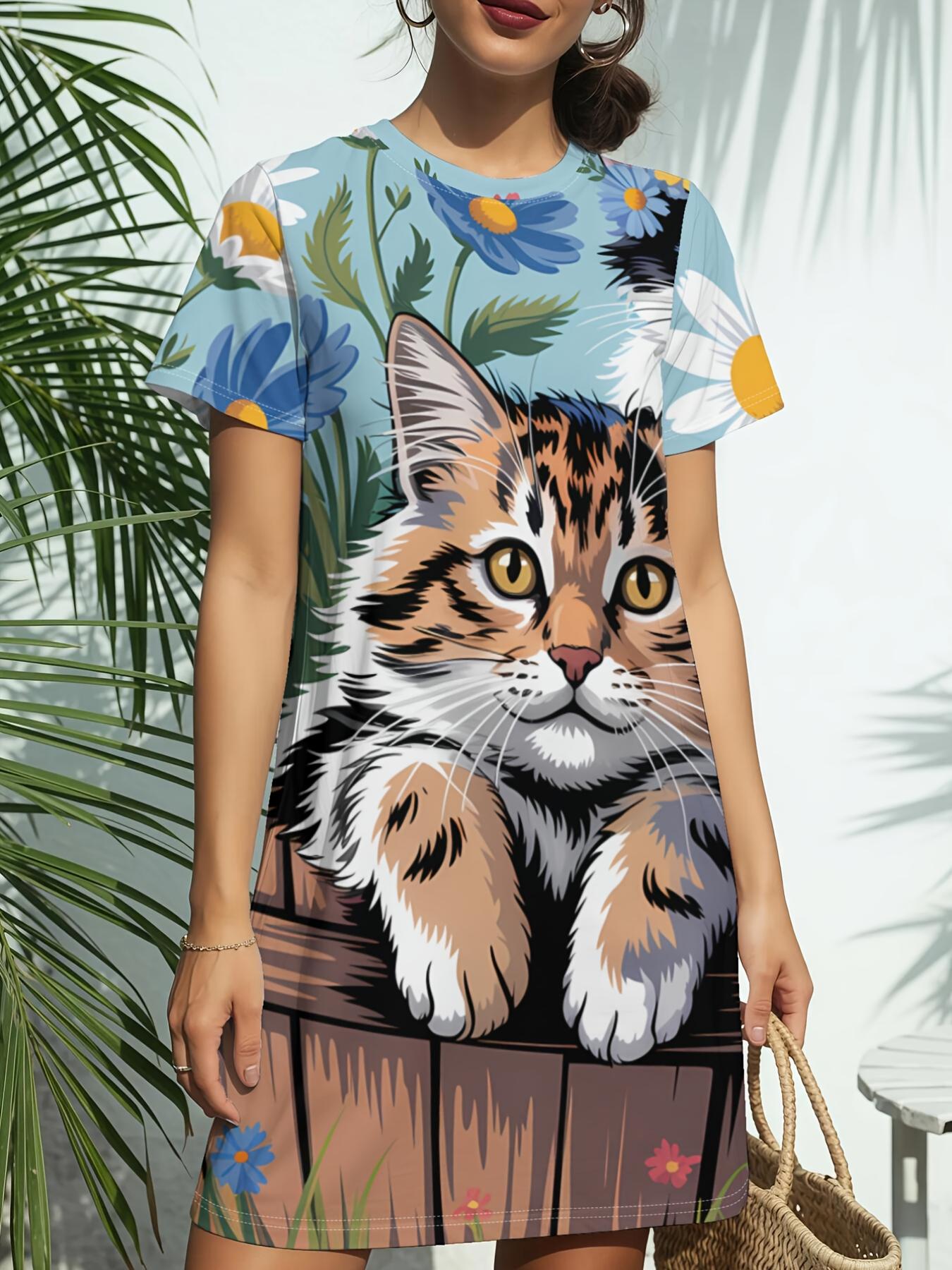New Women S Round-Neck Short-Sleeve T-Shirt Dress Featuring Cats in a Flower Basket. with American Trendy Digital Prints. Perfect for Casual Spring An 9XL дубильна кора
New Women S Round-Neck Short-Sleeve T-Shirt Dress Featuring Cats in a Flower Basket. with American Trendy Digital Prints. Perfect for Casual Spring An 9XL дубильна кора
