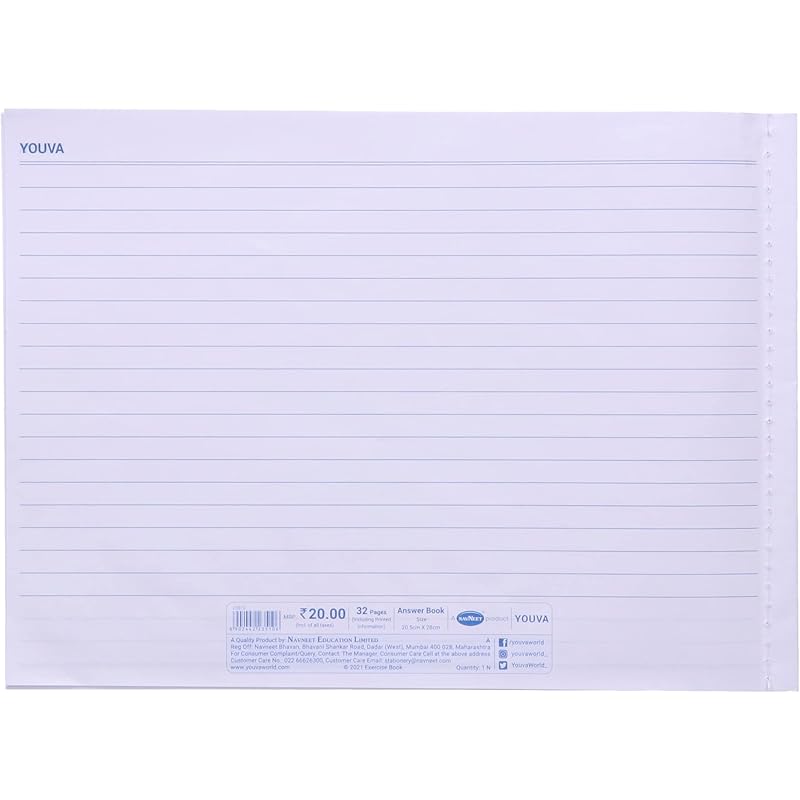 Youva Navneet Exercise Answer Book Horizontal | 20.5 Cm X 28 Cm | Single Line | Side Sewing | 32 Pages| Pack Of 20
Youva Navneet Exercise Answer Book Horizontal | 20.5 Cm X 28 Cm | Single Line | Side Sewing | 32 Pages| Pack Of 20
