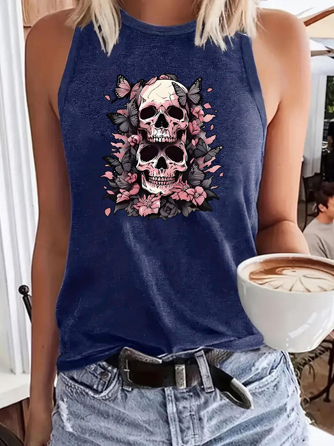 Женская повседневная майка без рукавов с цветочным черепом L темно-синий
Женская повседневная майка без рукавов с цветочным черепом L темно-синий