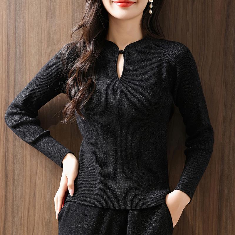Осенний женский пуловер из тонкой шерсти с воротником ципао и люрексом - вязаная базовая рубашка в новом китайском стиле M (95-110 jin) чёрный
Осенний женский пуловер из тонкой шерсти с воротником ципао и люрексом - вязаная базовая рубашка в новом китайском стиле M (95-110 jin) чёрный