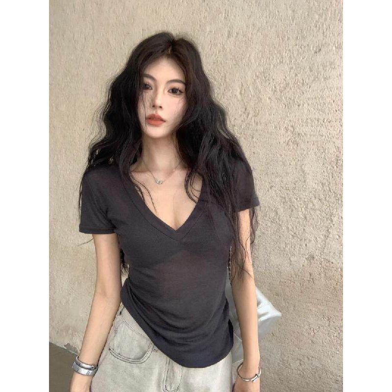 Factory In-Stock Pure Desire Summer Spicy Girl Style Thin Semi-Transparent Sexy V-Neck T-Shirt Women s Clavicle Short-Sleeve Top Gray S
Factory In-Stock Pure Desire Summer Spicy Girl Style Thin Semi-Transparent Sexy V-Neck T-Shirt Women s Clavicle Short-Sleeve Top Gray S