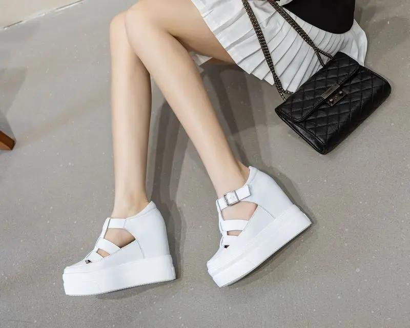 11 см новые женские сандалии удобная обувь пряжка модная летняя круглая платформа танкетка высокие скрытые каблуки женские дышащие 33 белый