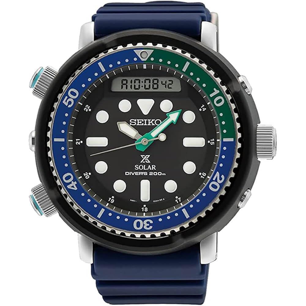 Чоловічий годинник SEIKO Prospex Аналогово-цифровий Чорний циферблат SNJ039, Безель Tropical Lagoon. , Водолаз.
Чоловічий годинник SEIKO Prospex Аналогово-цифровий Чорний циферблат SNJ039, Безель Tropical Lagoon. , Водолаз.