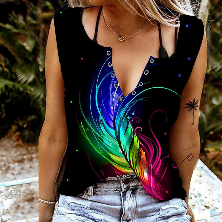 Women Tanks Sexy V Neck Sleeveless Summer Tops Vest 3D Colorful Feather Print Cool Lightweight Tops 
Women Tanks Sexy V Neck Sleeveless Summer Tops Vest 3D Colorful Feather Print Cool Lightweight Tops