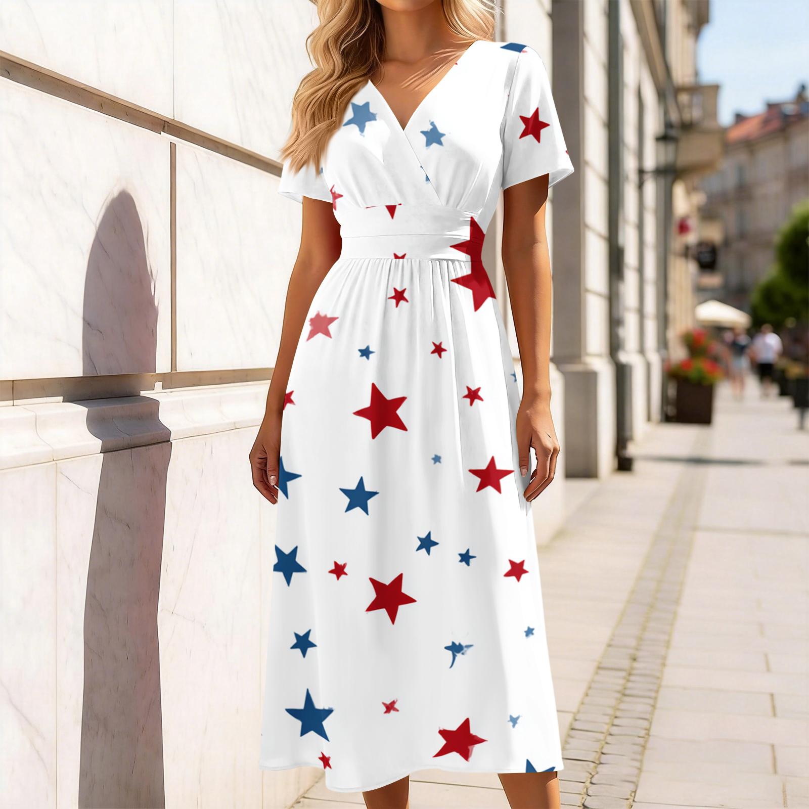 Women’s V Neck Short Sleeve Midi Dress with Star and Butterfly Print Casual Independence Day Style for Summer Outings M
Women’s V Neck Short Sleeve Midi Dress with Star and Butterfly Print Casual Independence Day Style for Summer Outings M